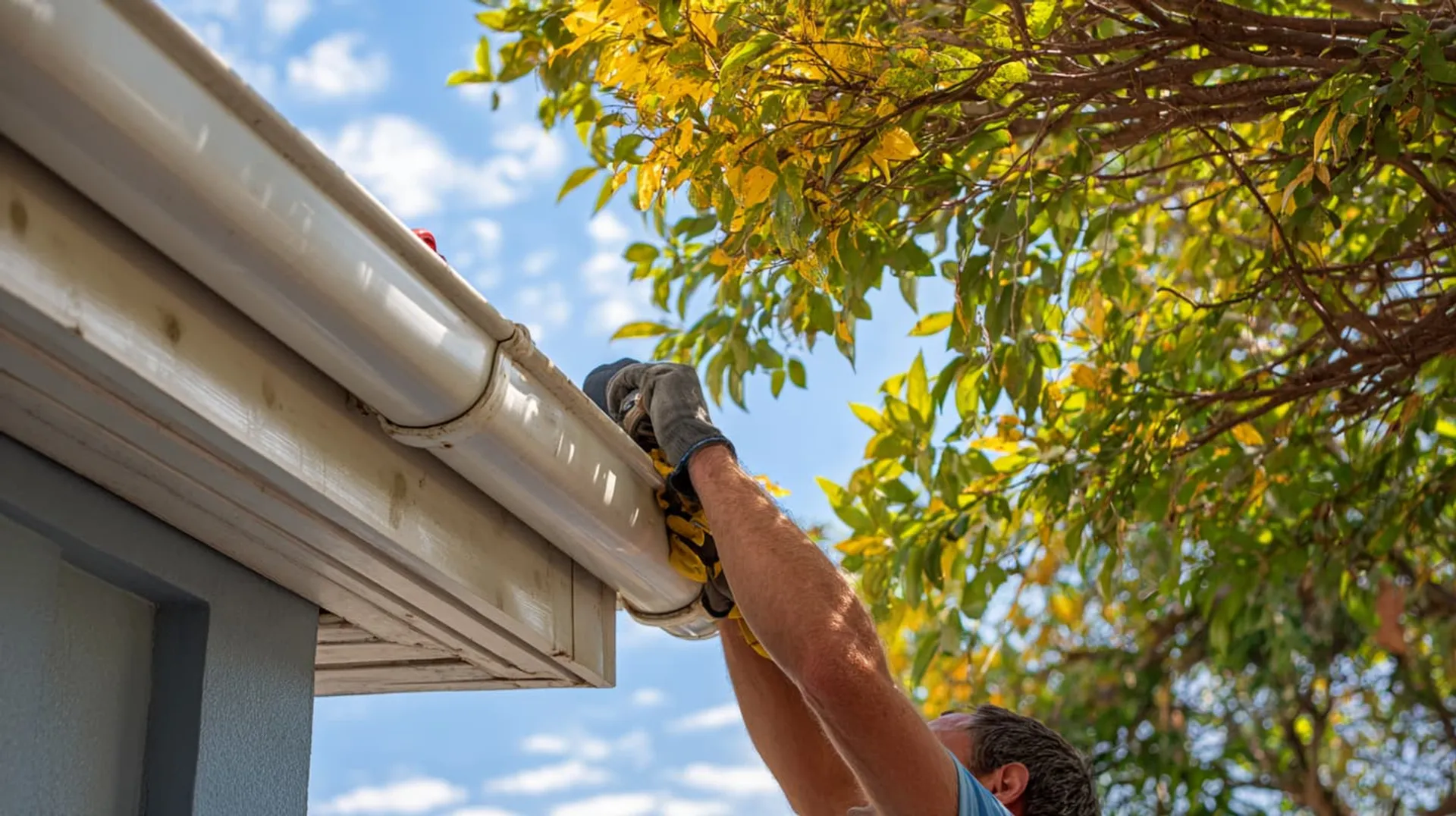 Two workers installing eavestroughing on a roof