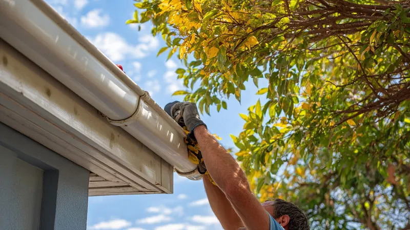 Two workers installing eavestroughing on a roof