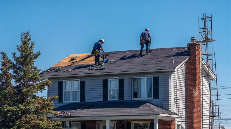 Two workers installing roofing on a two-storey house in Fredericton.