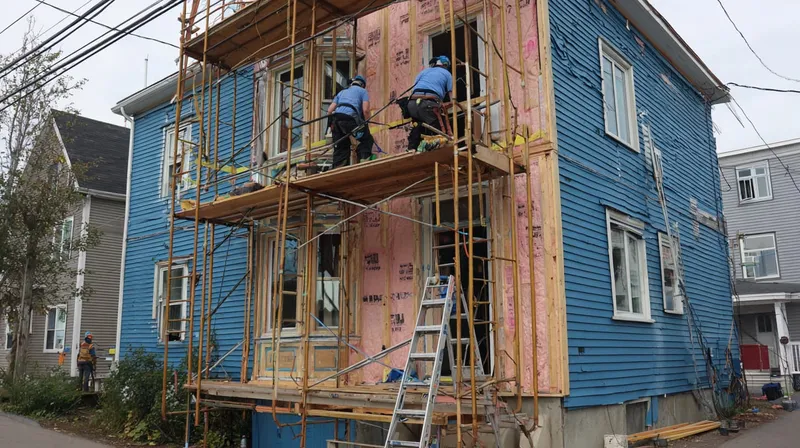Two workers installing siding on a two-storey house in Fredericton.