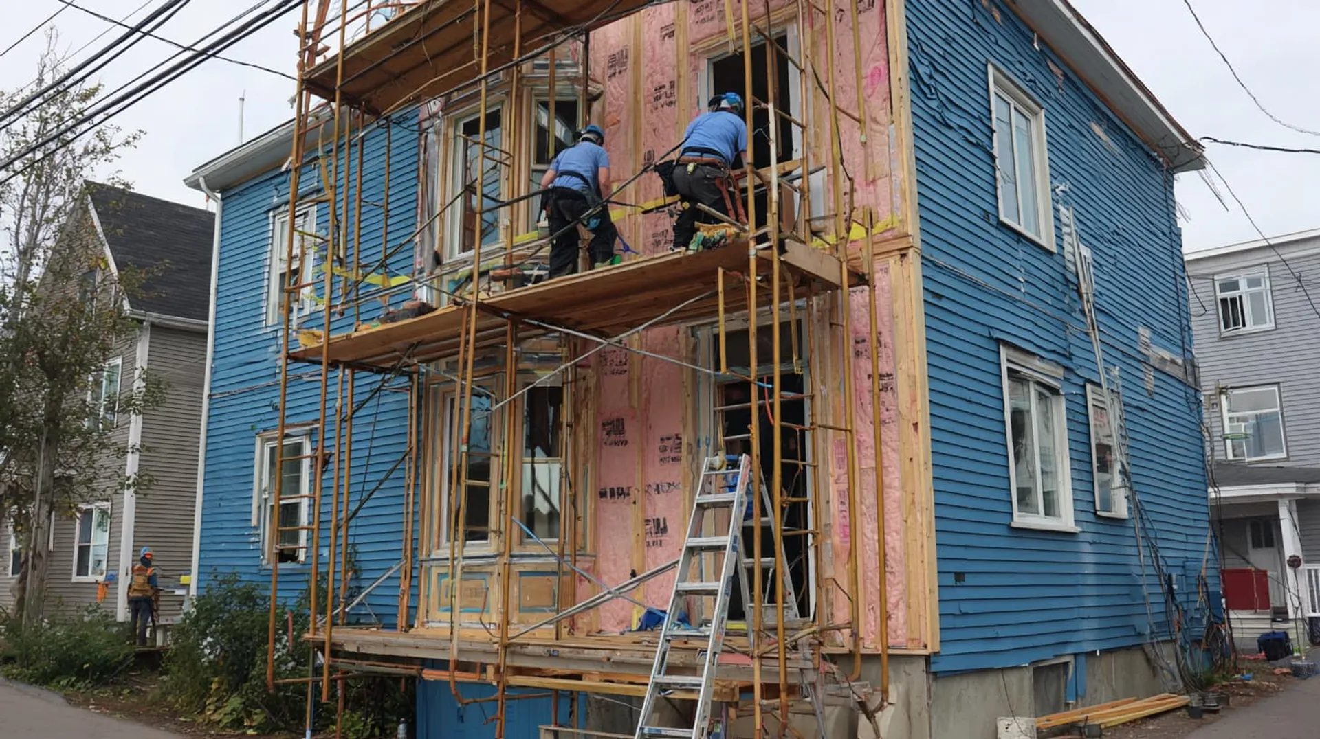 Two workers installing siding on a two-storey house in Fredericton.