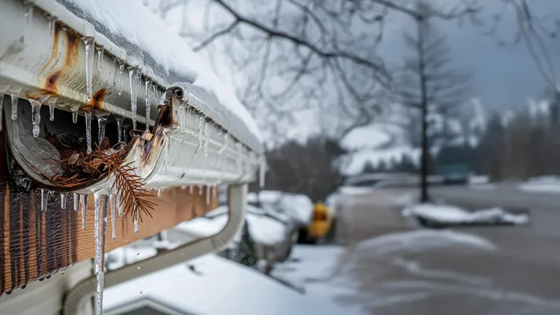 a closeup of a damaged gutter in a new brunswick winter