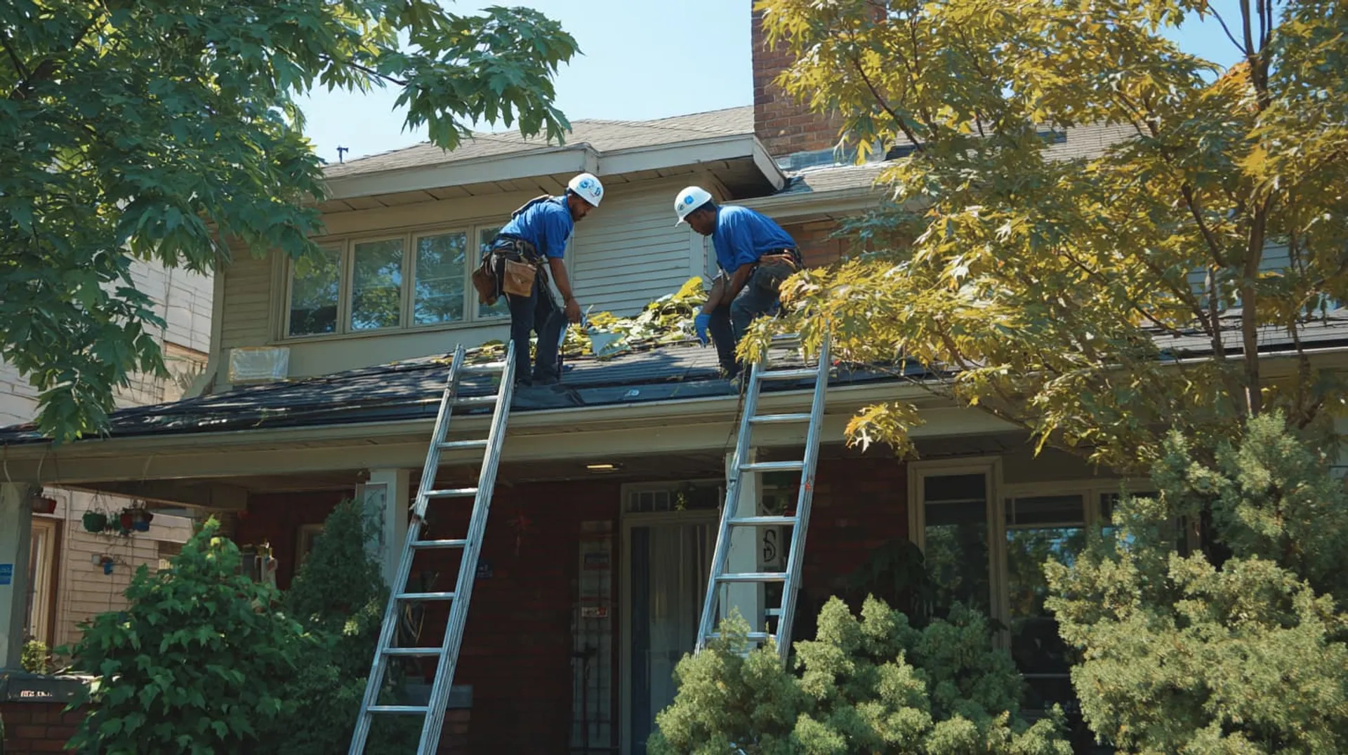 Eavestroughing workers installing a gutter on a roof of a home in Fredericton, NB, Canada.